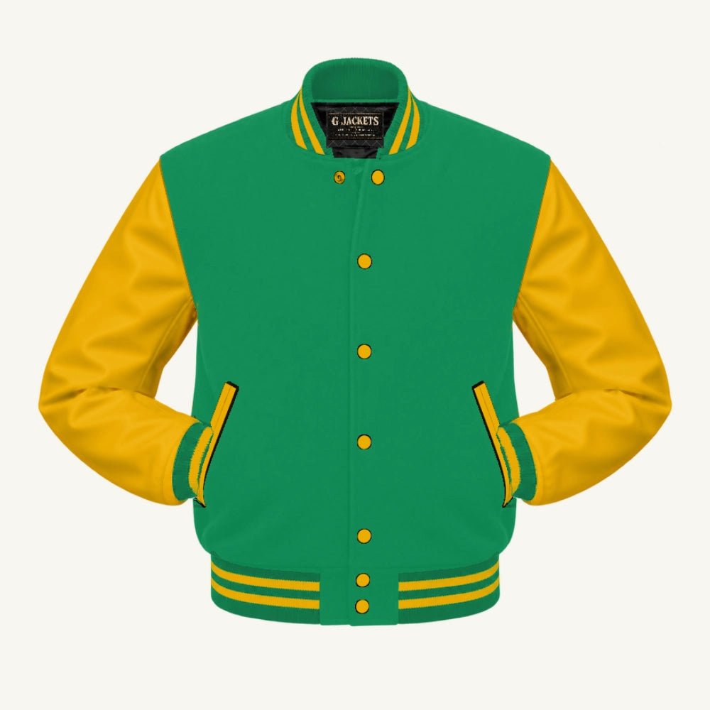 G Jackets Fleece & PU Leather Varsity Jacket, Kelly Green/Gold, front view