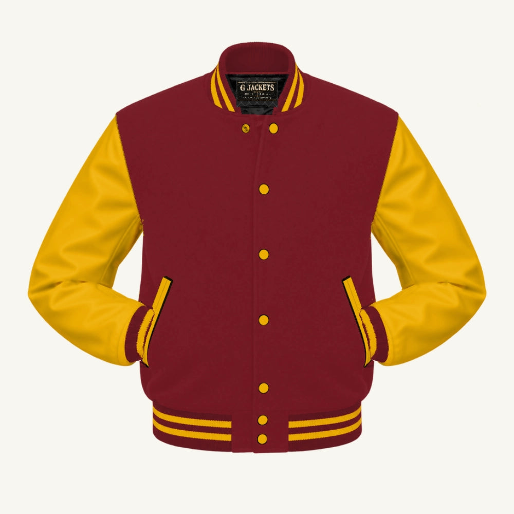 G Jackets Fleece & PU Leather Varsity Jacket, Cardinal/Gold, front view