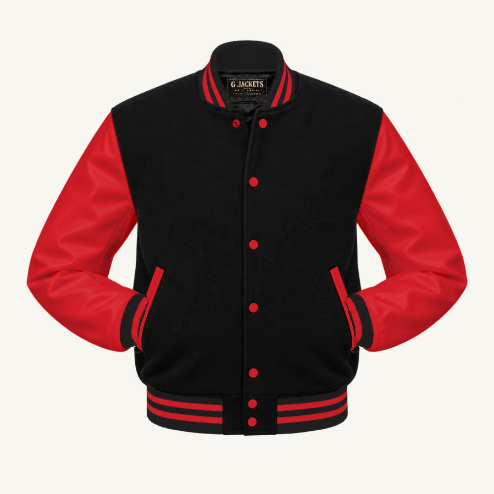 G Jackets Fleece & PU Leather Varsity Jacket, Black/Red, front view