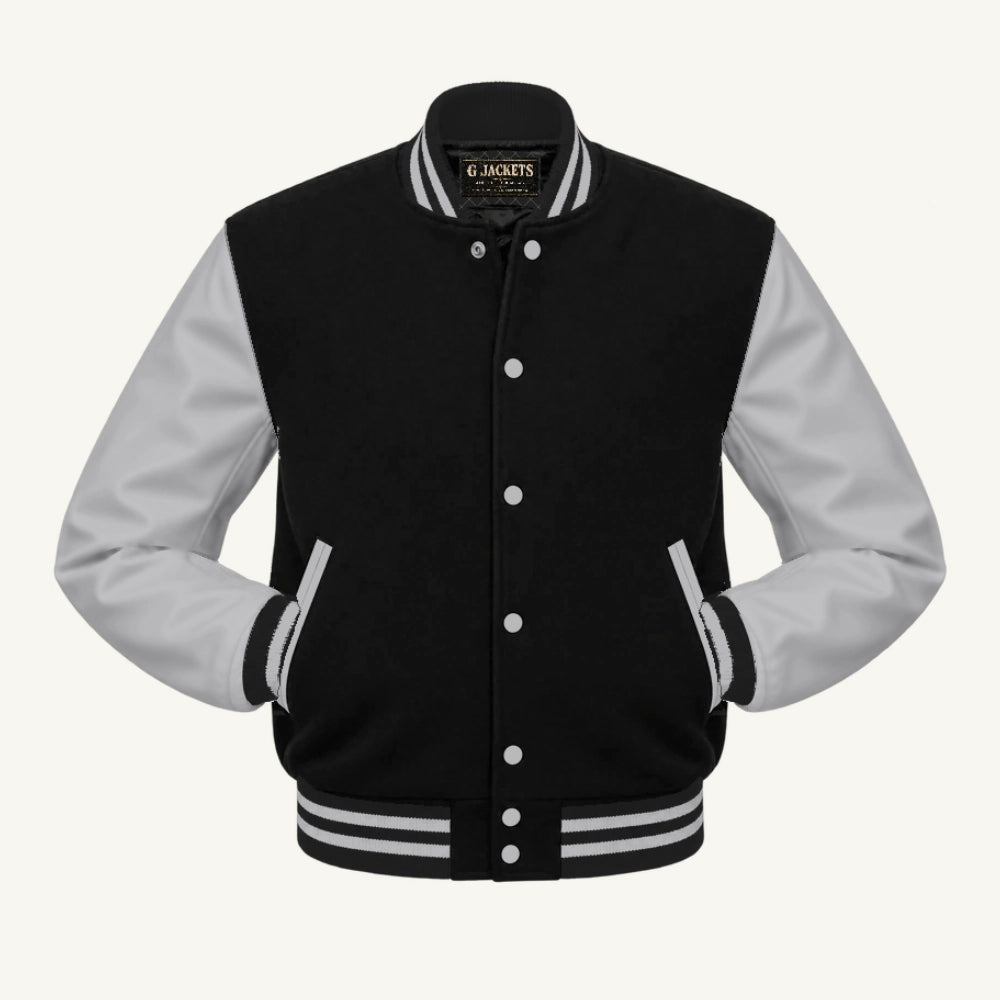 G Jackets Fleece & PU Leather Varsity Jacket, Black/Grey, front view