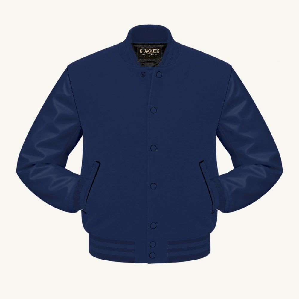 G Jackets Fleece & PU Leather Varsity Jacket, Solid Navy, front view