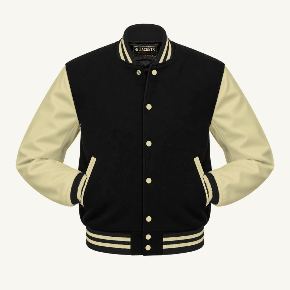 G Jackets Fleece & PU Leather Varsity Jacket, Black/Natural - Cream Trim, front view