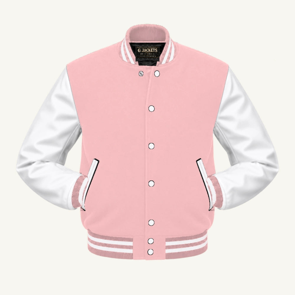 G Jackets Fleece & PU Leather Varsity Jacket, Pink/White, front view