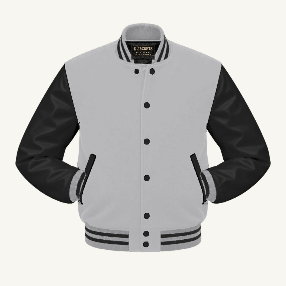 G Jackets Fleece & PU Leather Varsity Jacket, Grey/Black, front view