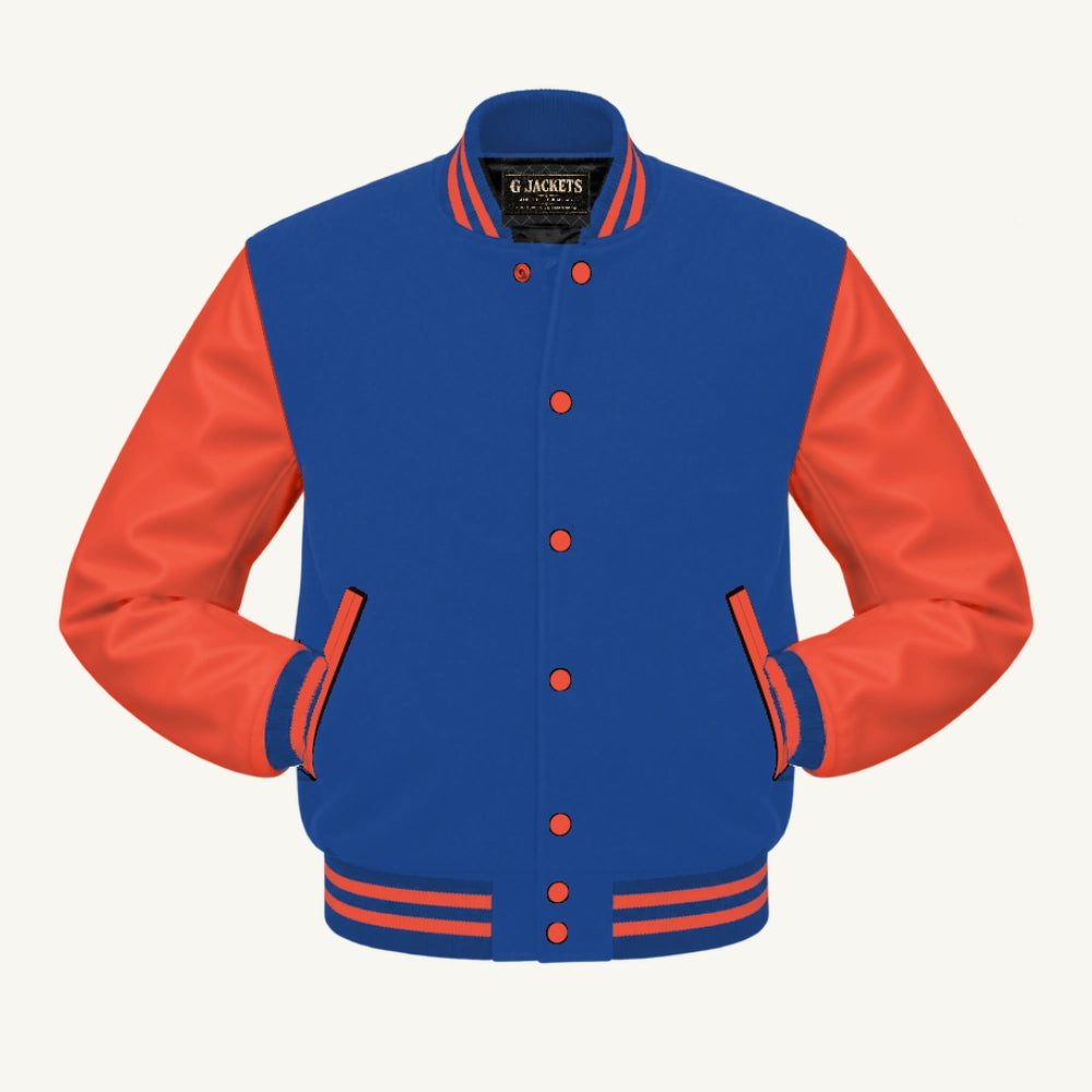 G Jackets Fleece & PU Leather Varsity Jacket, Royal Blue/Orange, front view