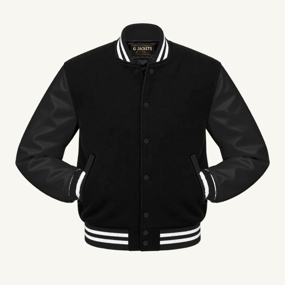 G Jackets Fleece & PU Leather Varsity Jacket, Black/Black - White Trim, front view