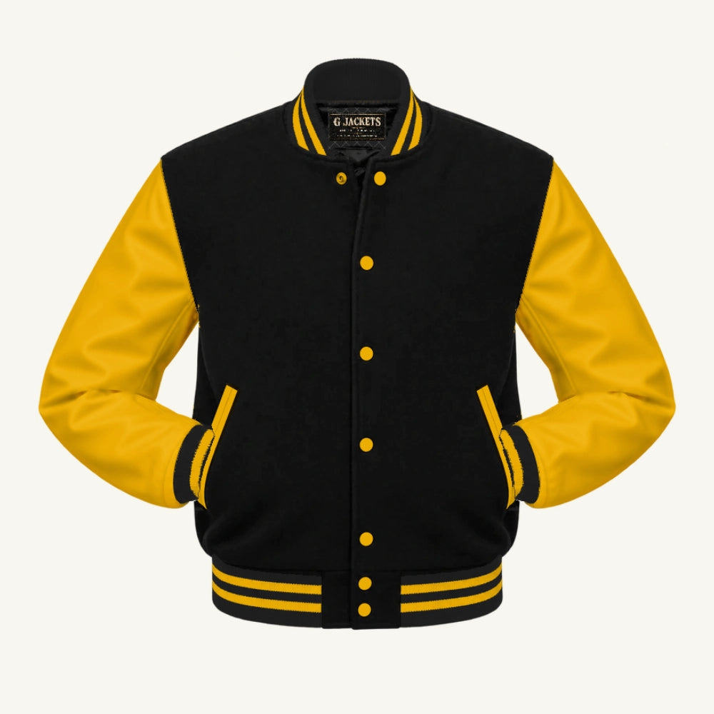 G Jackets Fleece & PU Leather Varsity Jacket, Black/Gold, front view
