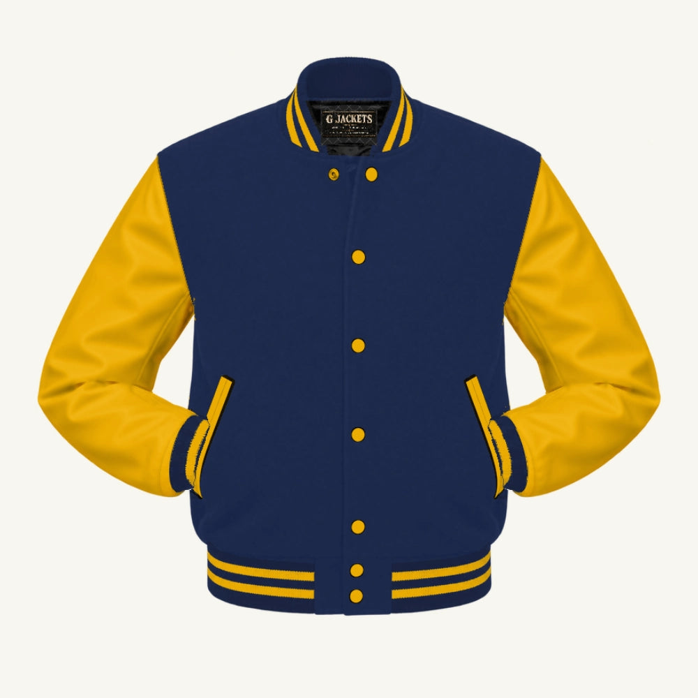G Jackets Fleece & PU Leather Varsity Jacket, Navy Blue/Gold, front view