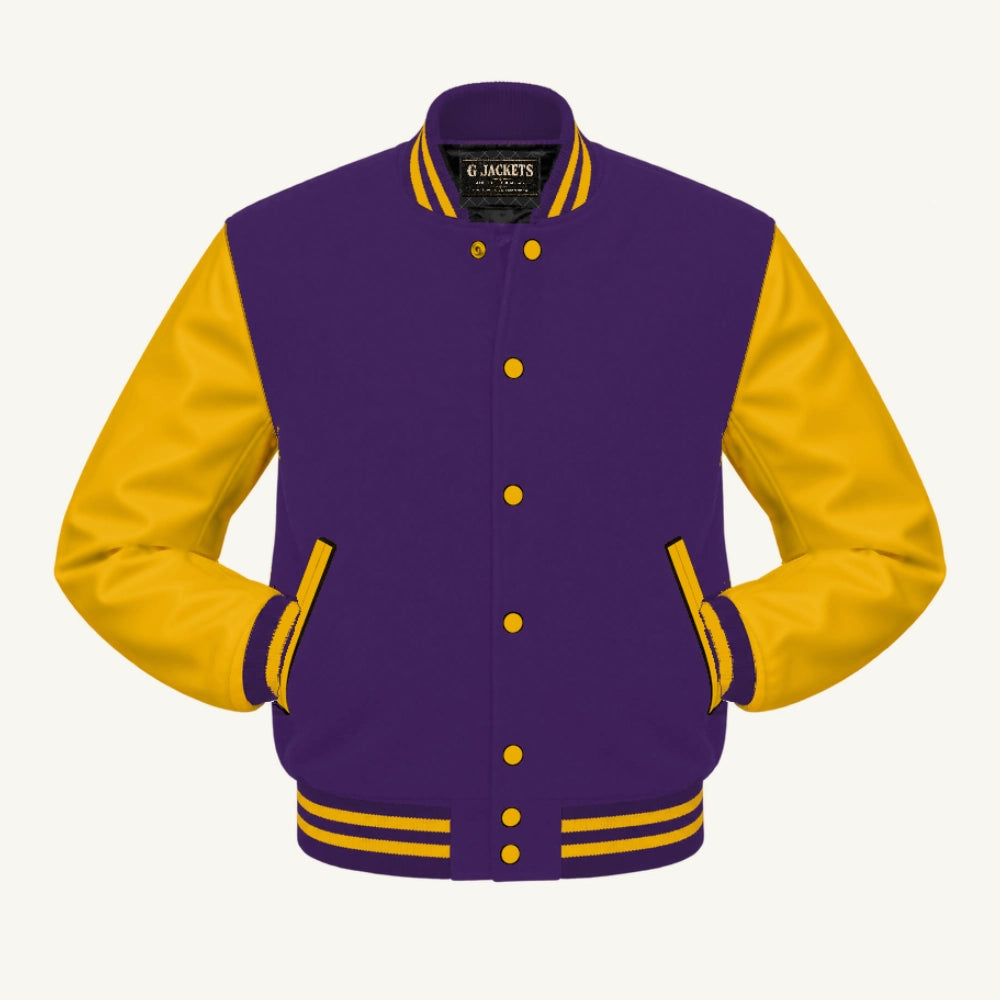 G Jackets Fleece & PU Leather Varsity Jacket, Purple/Gold, front view