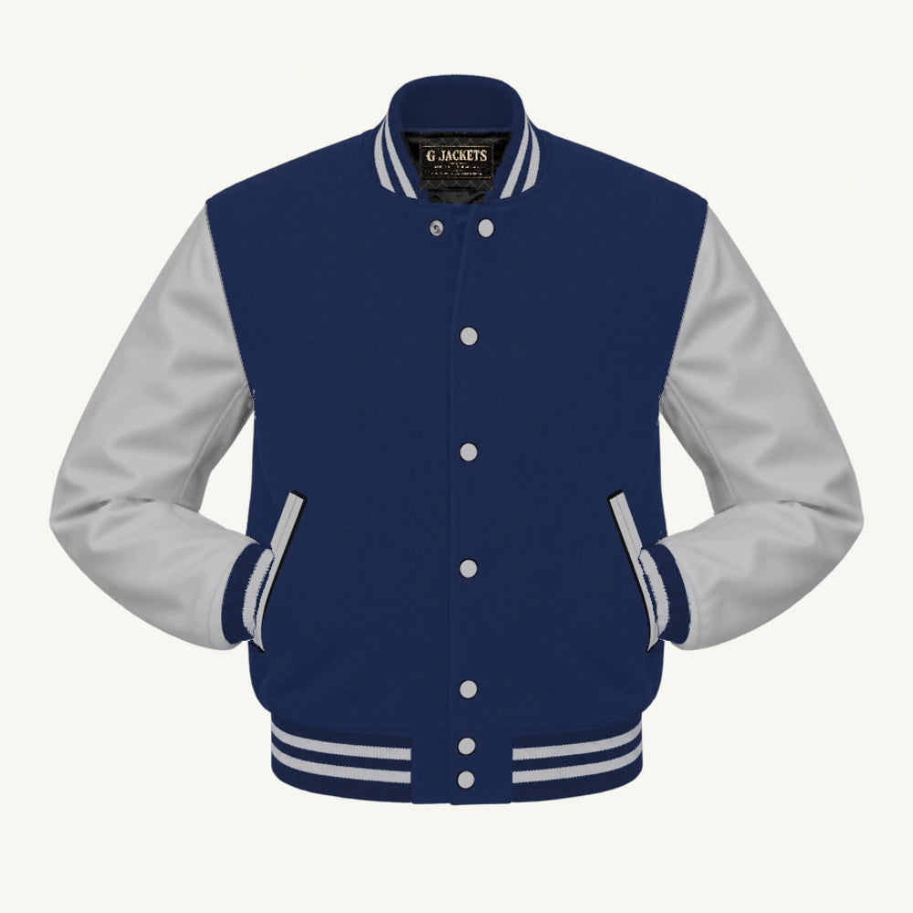 G Jackets Fleece & PU Leather Varsity Jacket, Navy Blue/Grey, front view