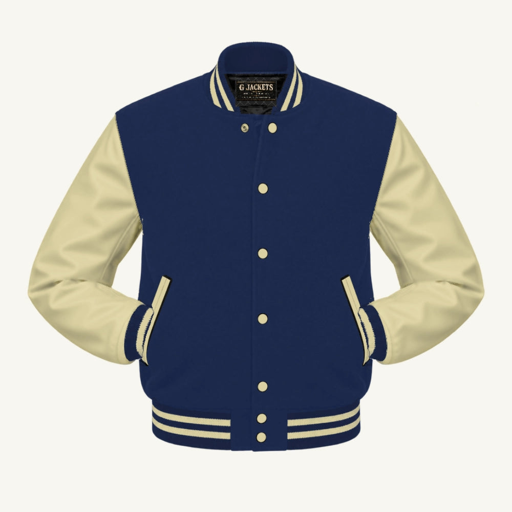 G Jackets Fleece & PU Leather Varsity Jacket, Navy Blue/Natural, front view
