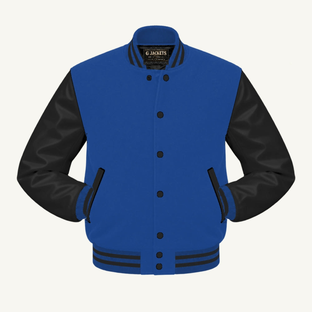 G Jackets Fleece & PU Leather Varsity Jacket, Royal Blue/Black, front view