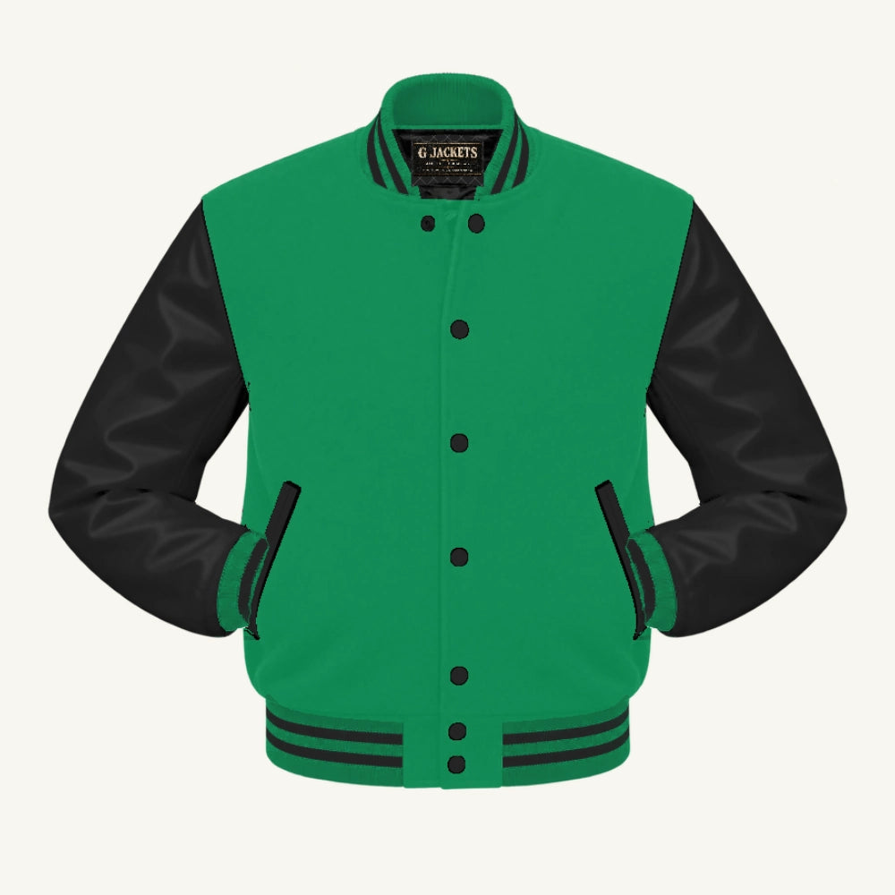 G Jackets Fleece & PU Leather Varsity Jacket, Kelly Green/Black, front view