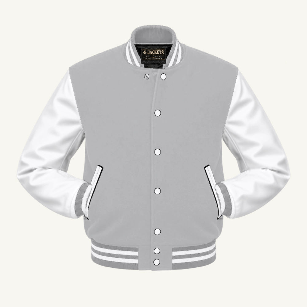 G Jackets Fleece & PU Leather Varsity Jacket, Grey/White, front view