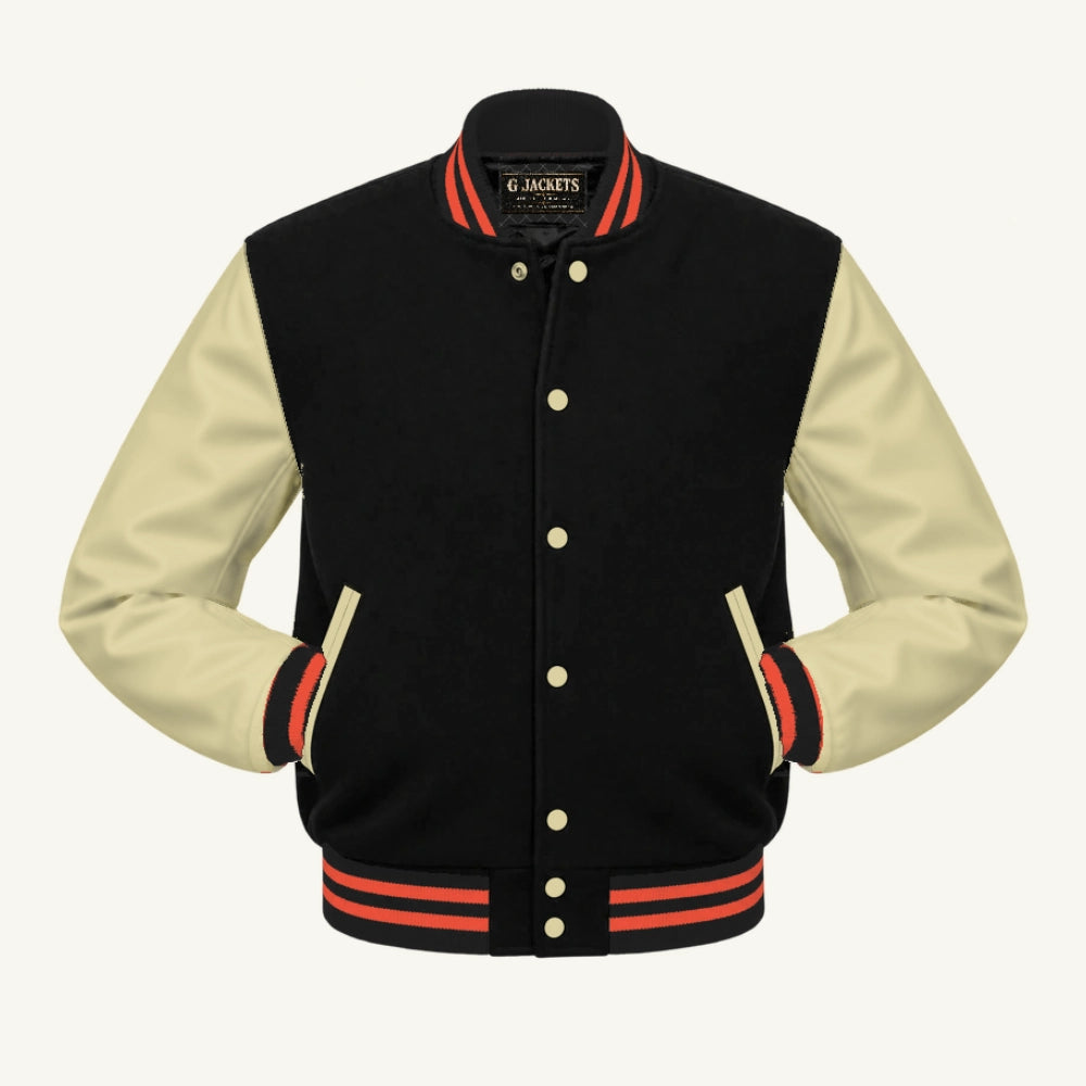 G Jackets Fleece & PU Leather Varsity Jacket, Black/Natural - Orange Trim, front view