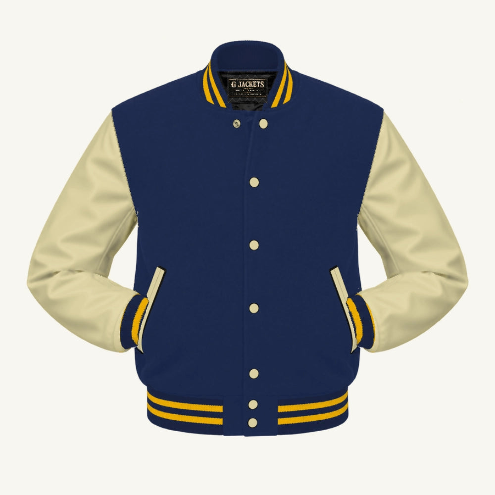 G Jackets Fleece & PU Leather Varsity Jacket, Navy Blue/Natural - Gold Trim, front view