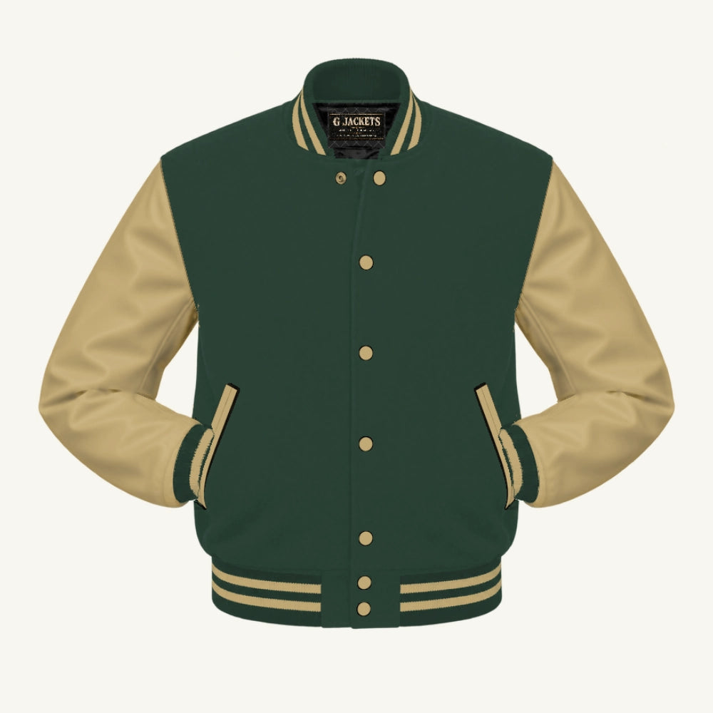 G Jackets Fleece & PU Leather Varsity Jacket, Forest Green/Tan, front view