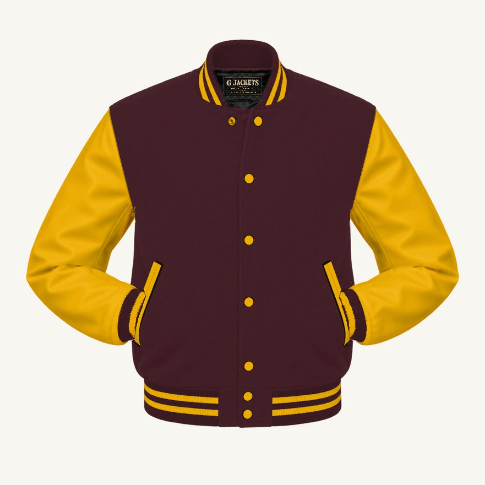 G Jackets Fleece & PU Leather Varsity Jacket, Maroon/Gold, front view