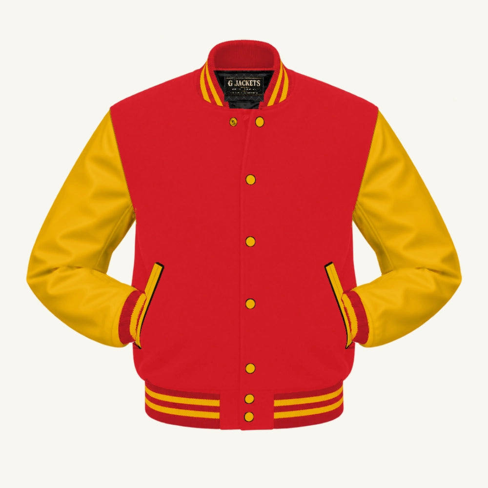 G Jackets Fleece & PU Leather Varsity Jacket, Red/Gold, front view