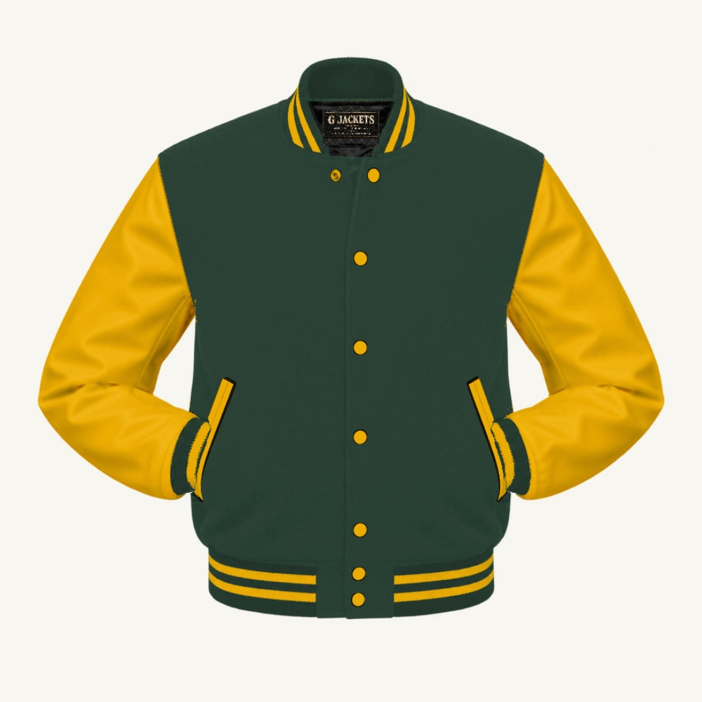 G Jackets Fleece & PU Leather Varsity Jacket, Forest Green/Gold, front view