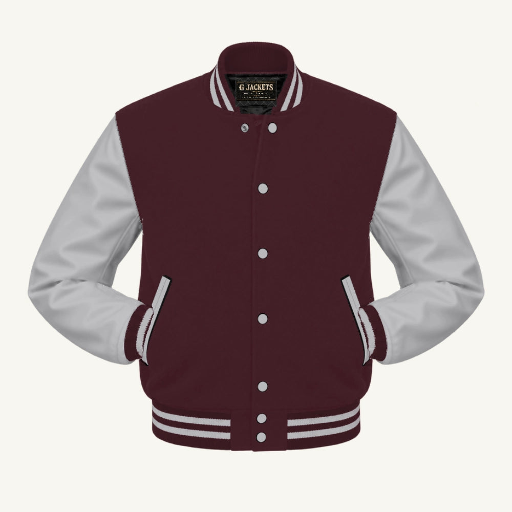 G Jackets Fleece & PU Leather Varsity Jacket, Maroon/Grey, front view