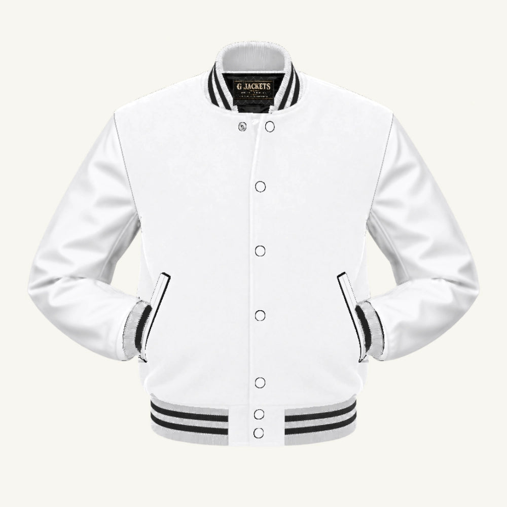 G Jackets Fleece & PU Leather Varsity Jacket, White/White - Black Trim, front view