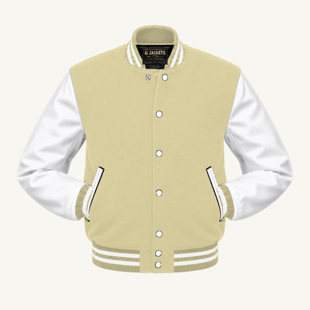 G Jackets Fleece & PU Leather Varsity Jacket, Cream Natural/White, front view
