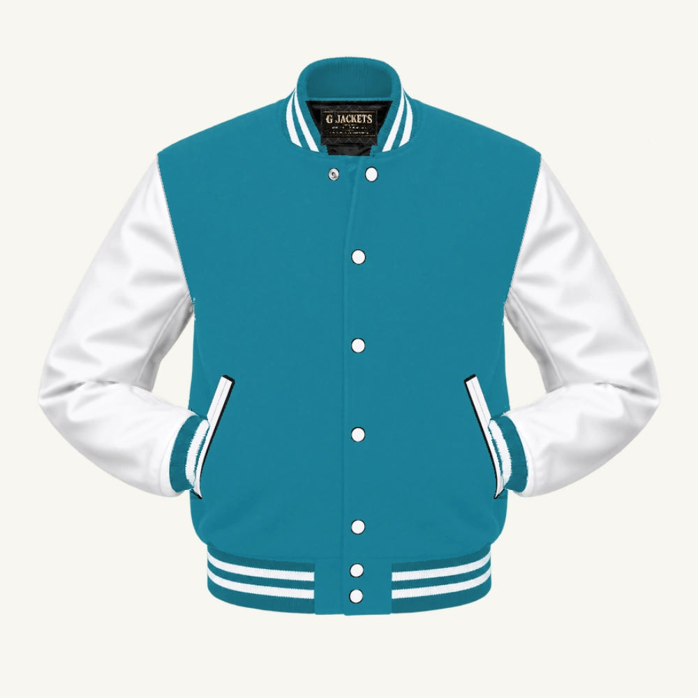 G Jackets Fleece & PU Leather Varsity Jacket, Teal Blue/White, front view