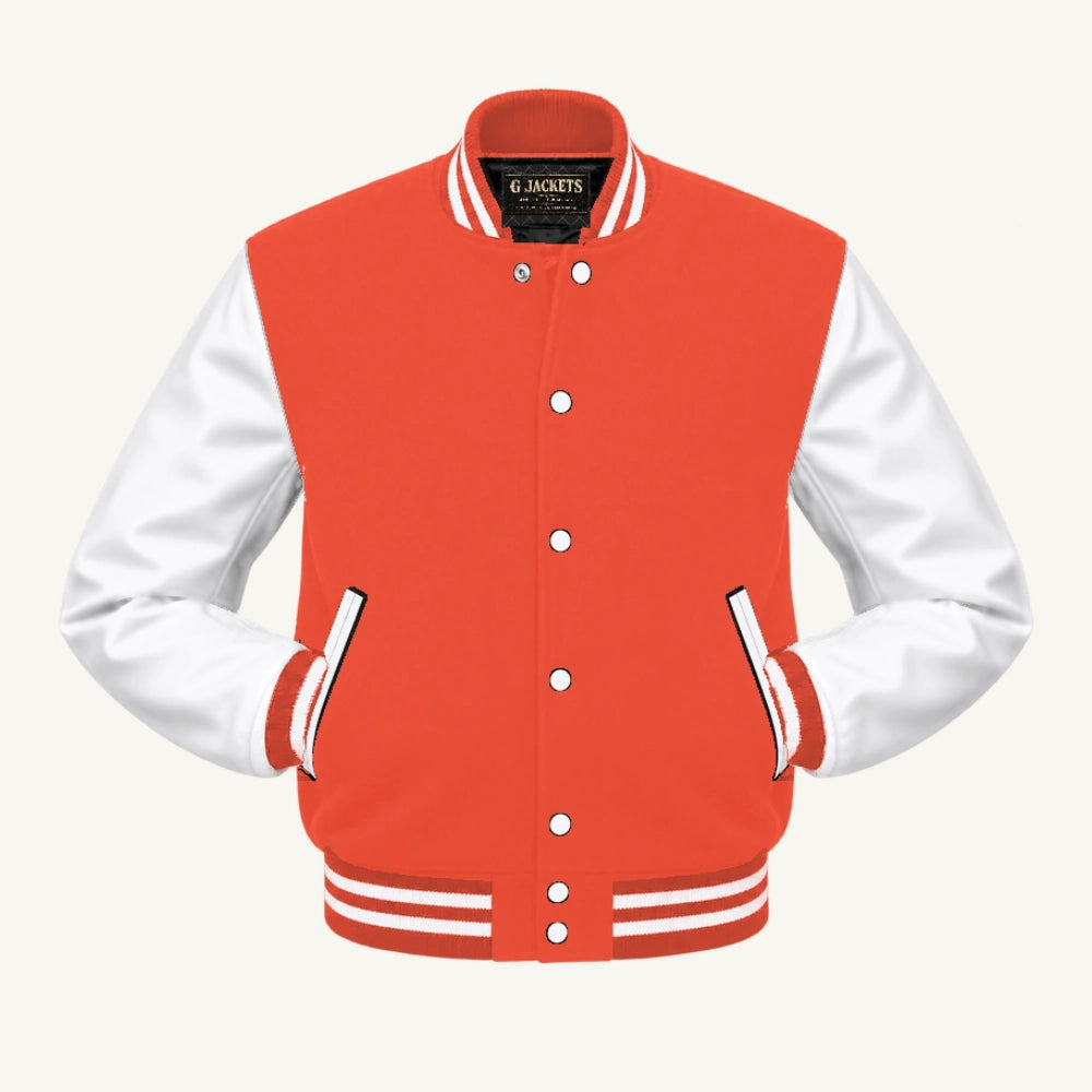 G Jackets Fleece & PU Leather Varsity Jacket, Orange/White, front view