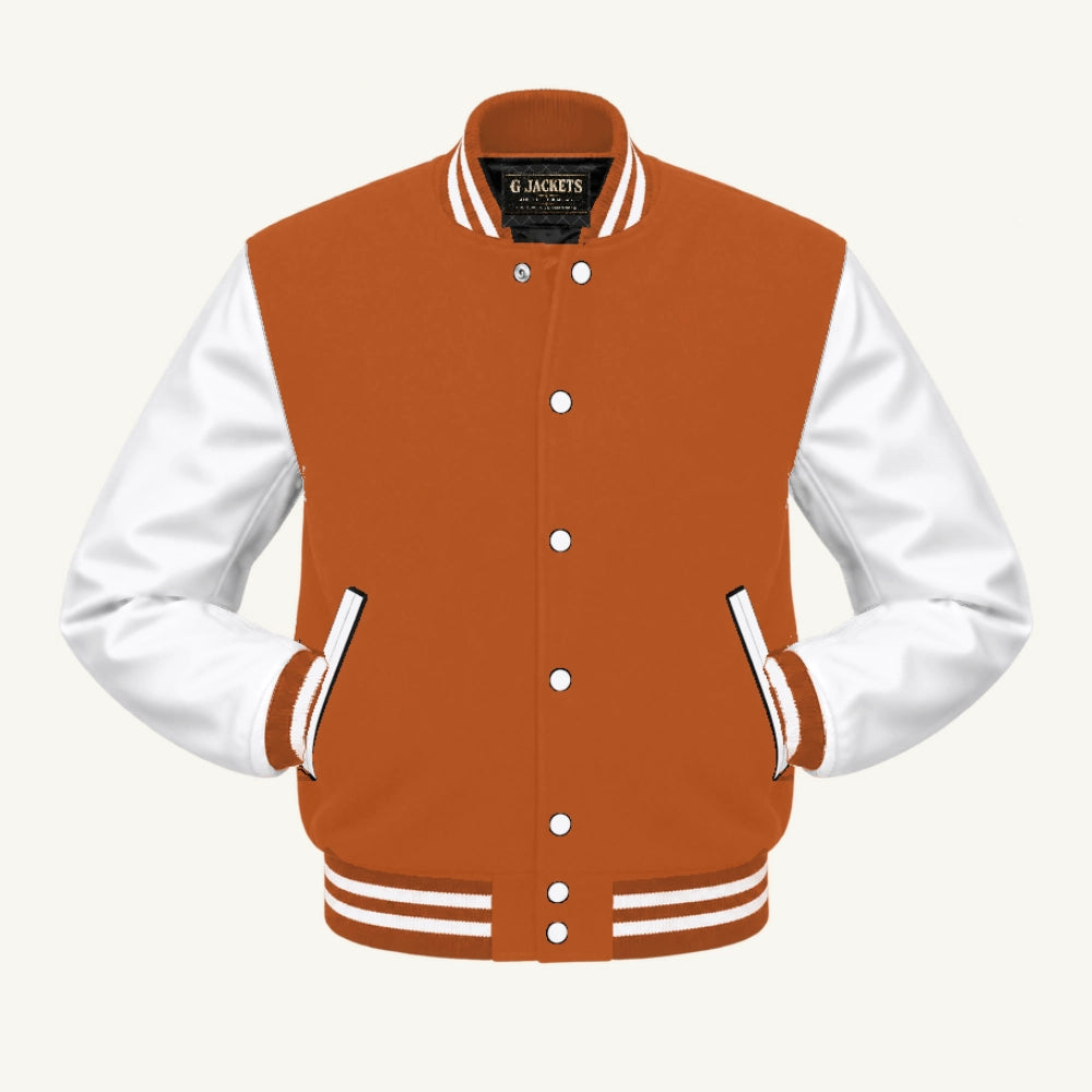 G Jackets Fleece & PU Leather Varsity Jacket, Texas Orange/White, front view