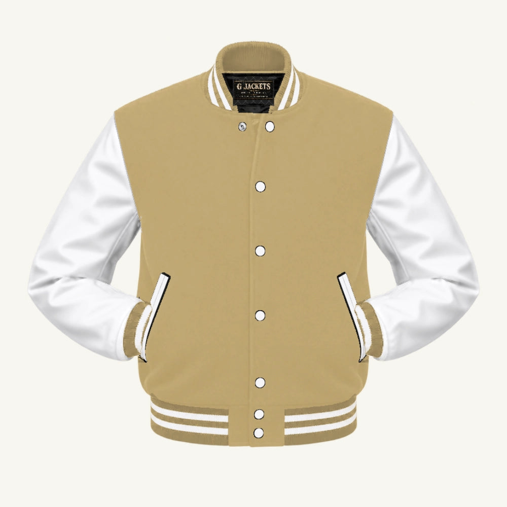 G Jackets Fleece & PU Leather Varsity Jacket, Tan/White, front view