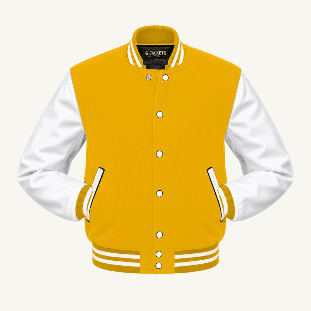 G Jackets Fleece & PU Leather Varsity Jacket, Gold/White, front view