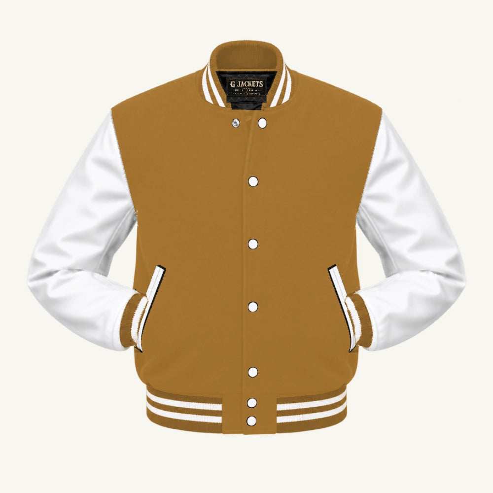 G Jackets Fleece & PU Leather Varsity Jacket, Old Gold/White, front view