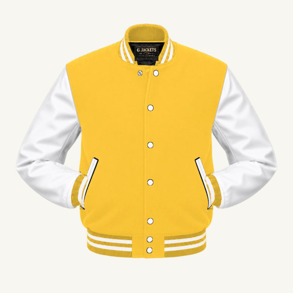 G Jackets Fleece & PU Leather Varsity Jacket, Yellow/White, front view