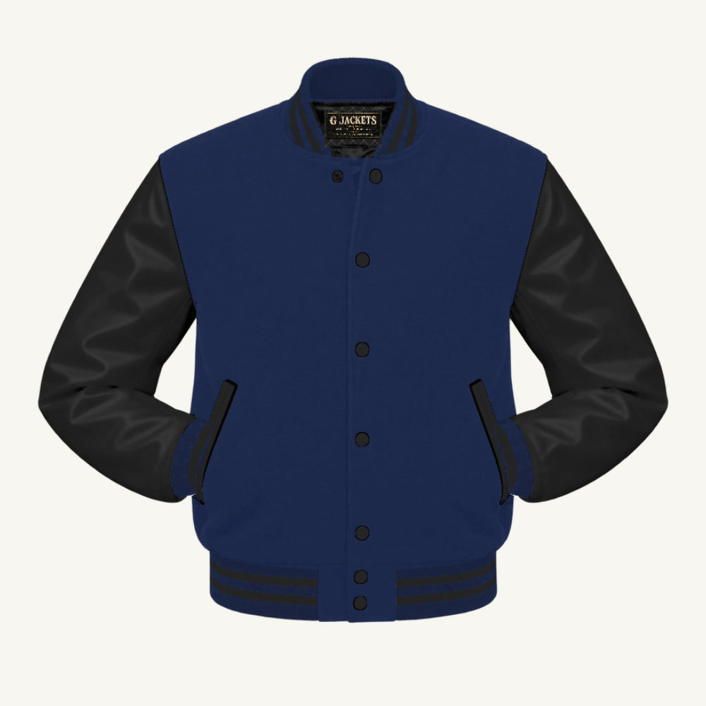 G Jackets Fleece & PU Leather Varsity Jacket, Navy Blue/Black, front view