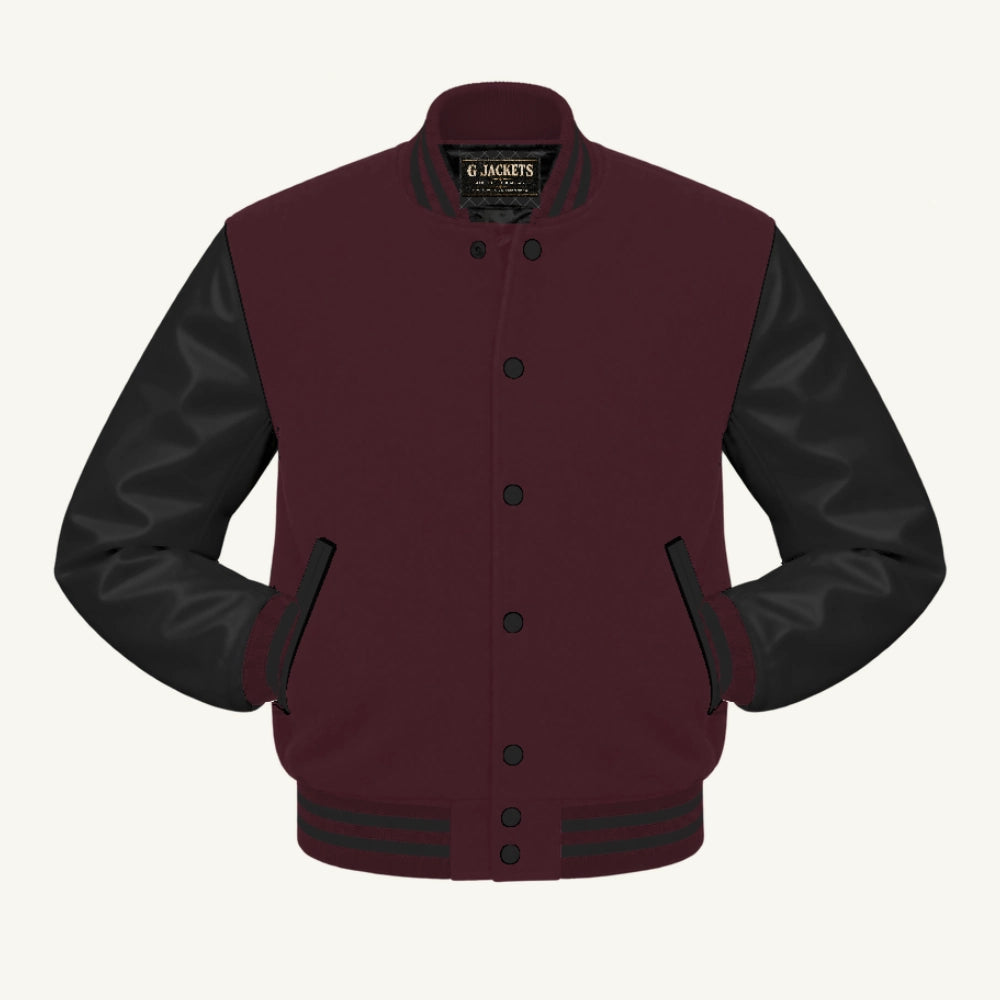 G Jackets Fleece & PU Leather Varsity Jacket, Maroon/Black, front view