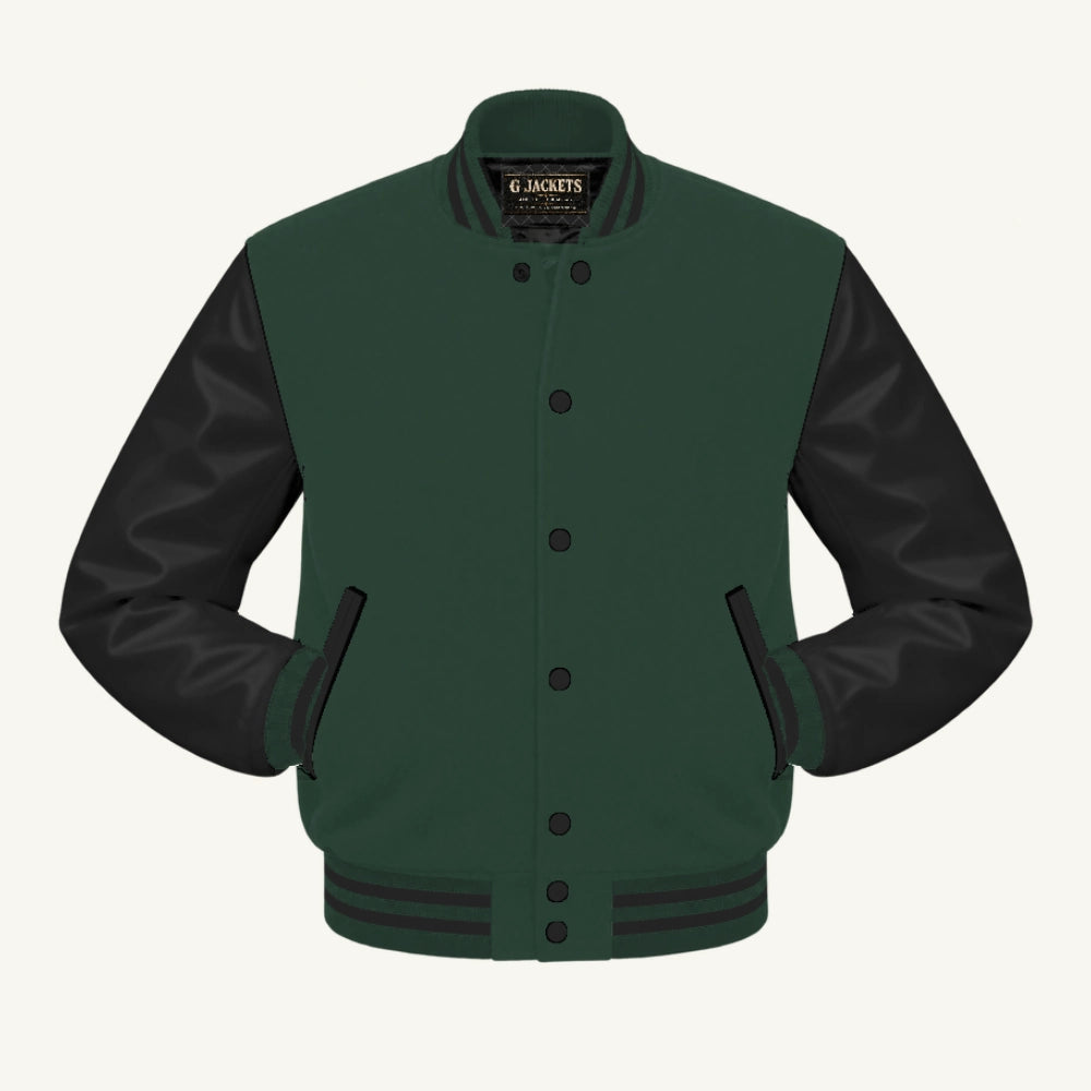 G Jackets Fleece & PU Leather Varsity Jacket, Forest Green/Black, front view