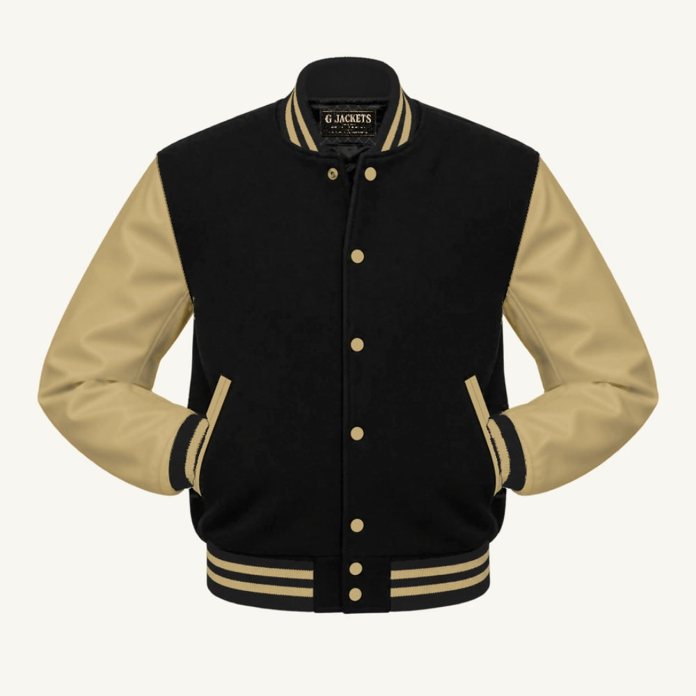 G Jackets Fleece & PU Leather Varsity Jacket, Black/Tan, front view