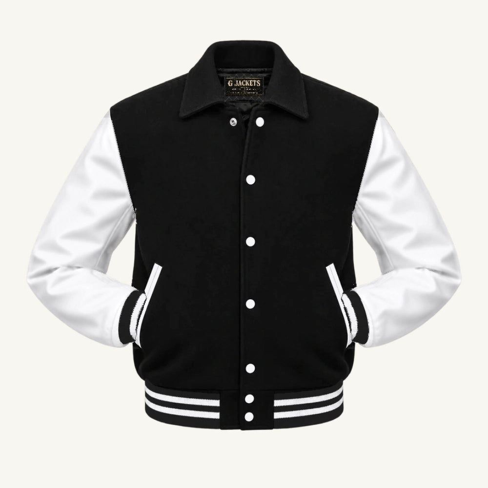 G Jackets Fold-Collar Wool & Genuine Leather Jacket, Black/White, front view