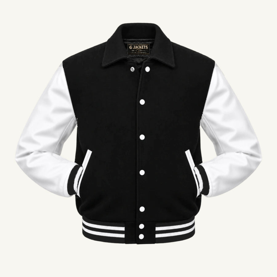 Fold-Collar Wool & Genuine Leather Jacket