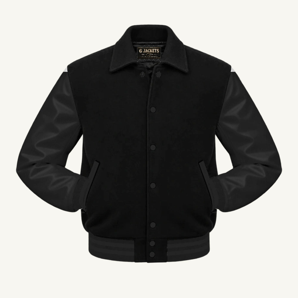 G Jackets Fold-Collar Wool & Genuine Leather Jacket, Solid Black, front view