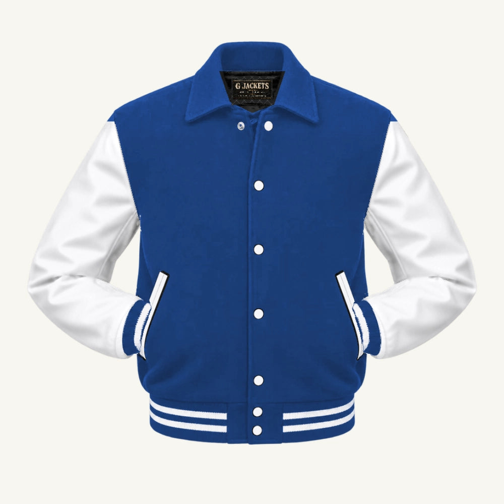 G Jackets Fold-Collar Wool & Genuine Leather Jacket, Royal Blue/White, front view