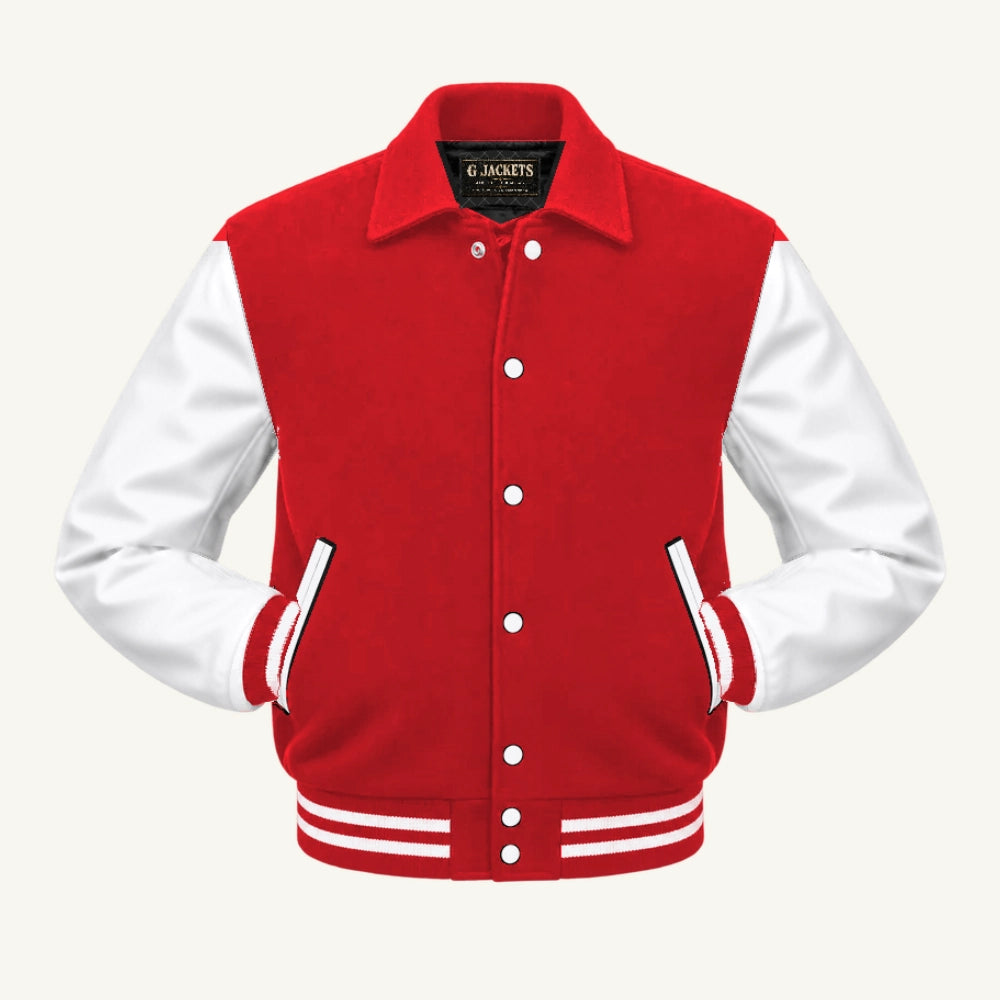 G Jackets Fold-Collar Wool & Genuine Leather Jacket, Red/White, front view