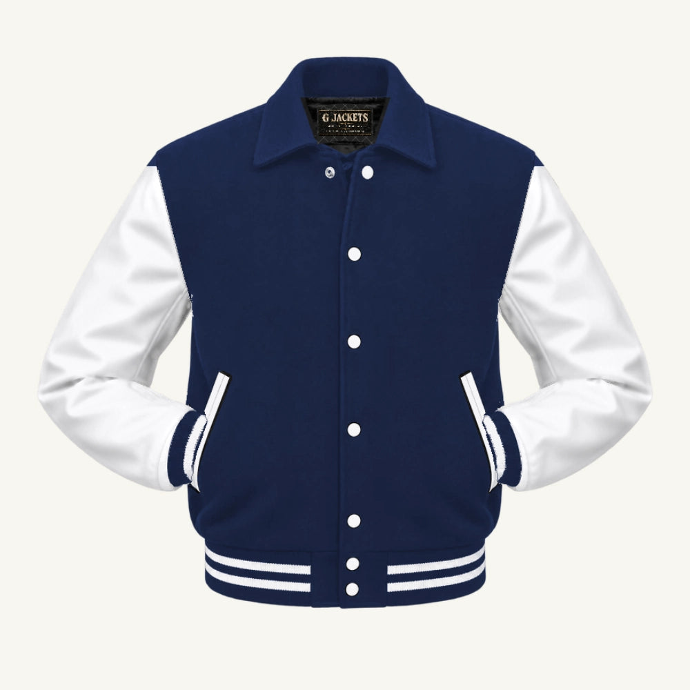 G Jackets Fold-Collar Wool & Genuine Leather Jacket, Navy Blue/White, front view