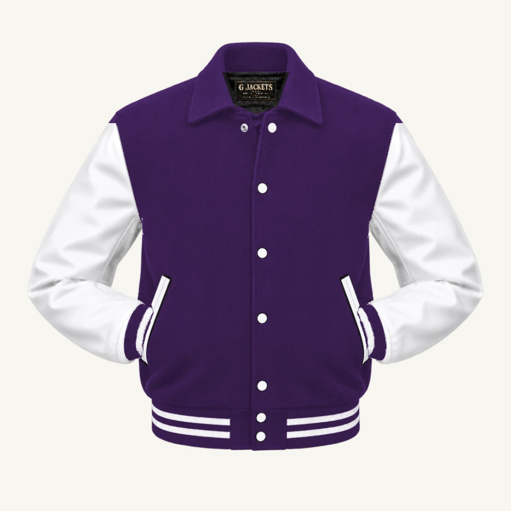 G Jackets Fold-Collar Wool & Genuine Leather Jacket, Purple/White, front view