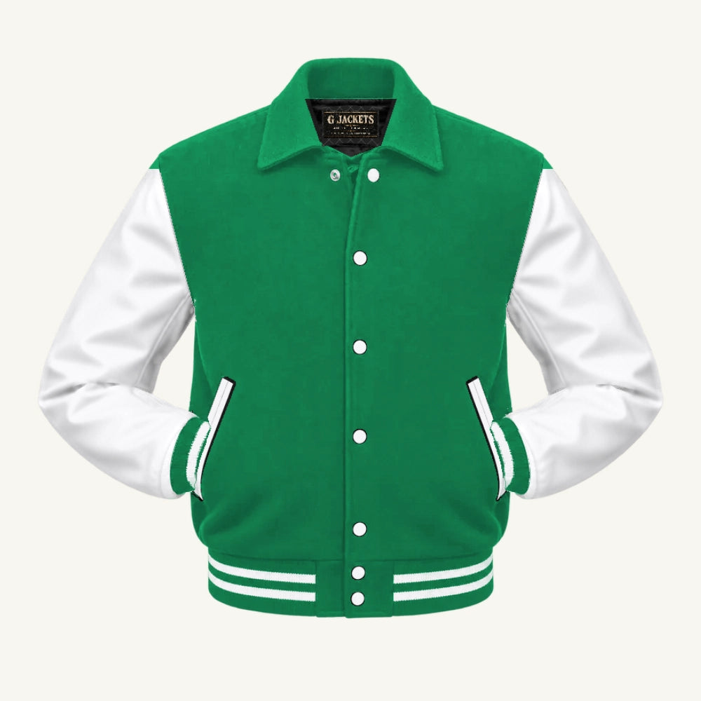 G Jackets Fold-Collar Wool & Genuine Leather Jacket, Kelly Green/White, front view