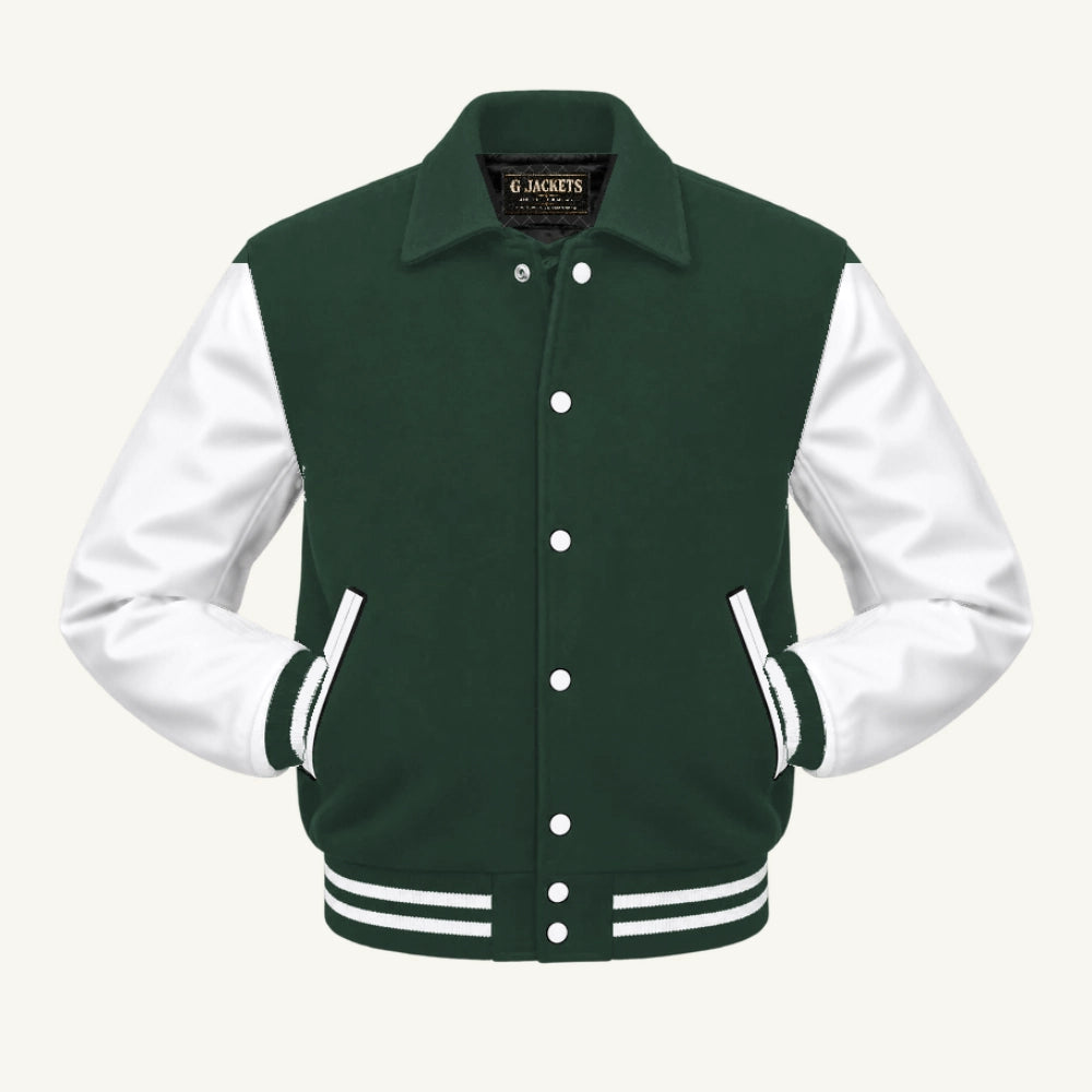 G Jackets Fold-Collar Wool & Genuine Leather Jacket, Forest Green/White, front view