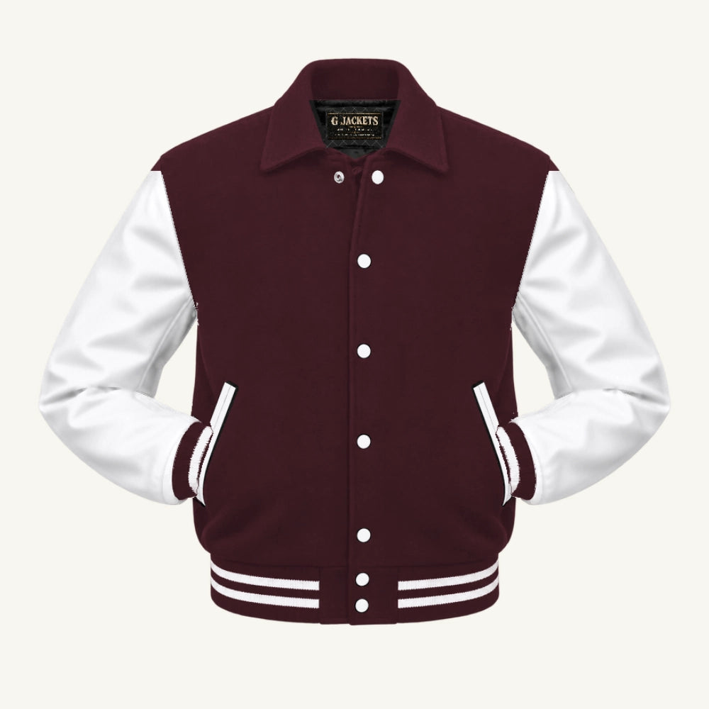 G Jackets Fold-Collar Wool & Genuine Leather Jacket, Maroon/White, front view