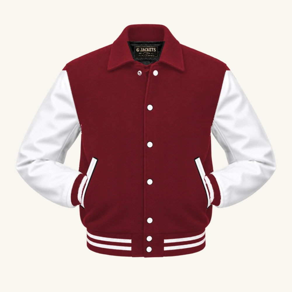 G Jackets Fold-Collar Wool & Genuine Leather Jacket, Cardinal/White, front view