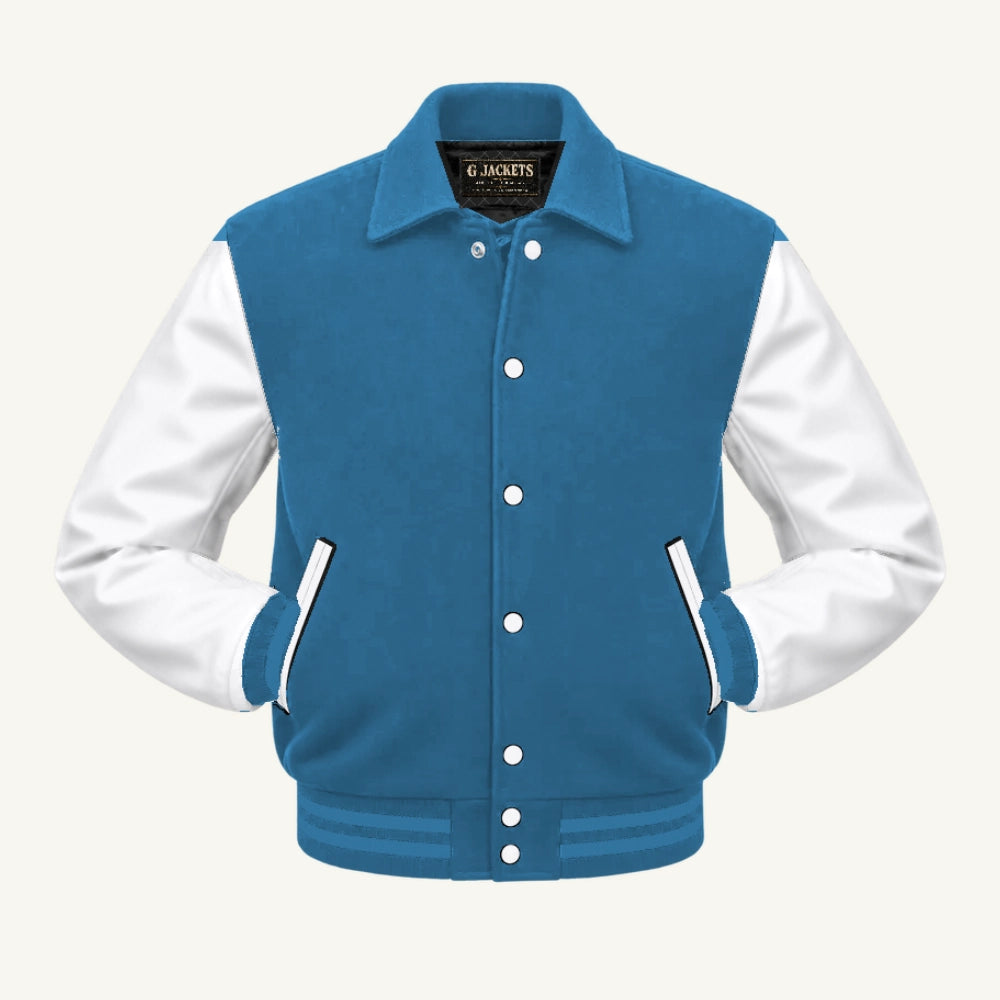 G Jackets Fold-Collar Wool & Genuine Leather Jacket, Light Blue/White - Columbia Blue Trim, front view